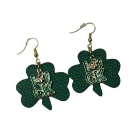 NWT Clover-Shaped Green Faux Leather Earrings With Gold "Luck" & Shamrock Charm - Picture 1 of 2